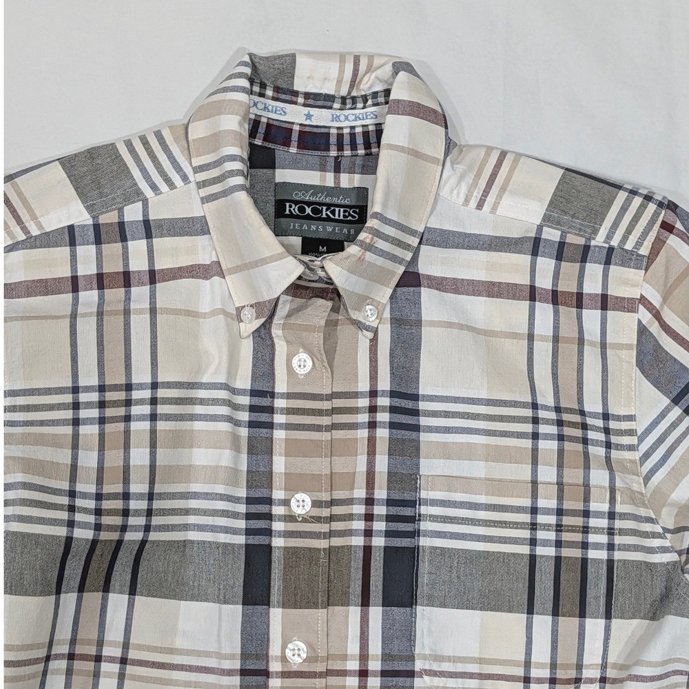 Rockies Jeanswear Womens Medium Plaid Button Down Shirt Cotton Long Sleeve Beige